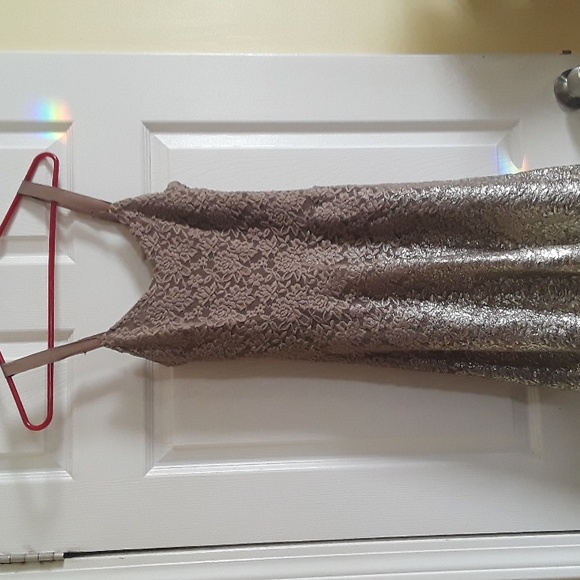 Free People Ombre Lace Dress fit 'n' flare Metallic Gold Foil Olive / Khaki Sz S - Picture 5 of 14